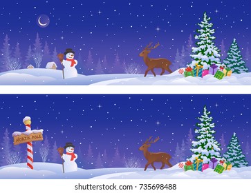 Vector cartoon illustration of winter landscapes with a North Pole sign, a reindeer and a Christmas tree, panoramic banners