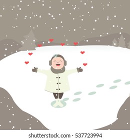 Vector cartoon illustration of a winter scene in a small snowy village with a little girl