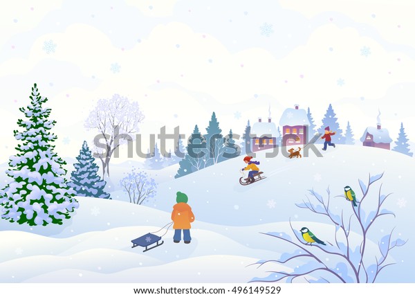 雪の多い小さな村で子どもを遊ばせる冬の風景を描いたベクターイラスト のベクター画像素材 ロイヤリティフリー