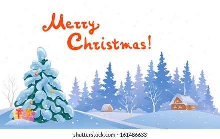 Vector cartoon illustration of a winter snow covered landscape isolated on white background, with handwritten Merry Christmas text