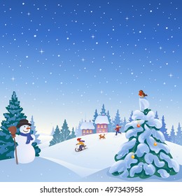 Vector cartoon illustration of a winter snowy village with a snowman, playing kids and snow covered Christmas tree