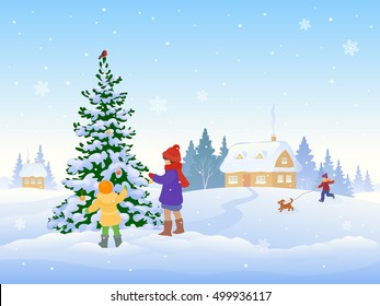 Vector cartoon illustration of a winter snowy scene with children decorating a Christmas tree outdoor