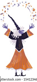 Vector cartoon illustration of witch with  cute magic tricks. Old woman in brown dress and orange skirt, Halloween costume.