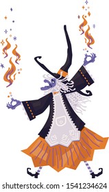 Vector cartoon illustration of witch with fire magic tricks. Old woman in brown dress, apron and orange skirt, Halloween costume.