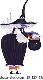 Vector cartoon illustration of witch with a pot full of candies, skulls, bones and mushrooms. Old woman in brown dress and an apron, Halloween costume.