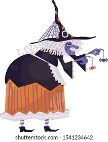 Vector cartoon illustration of witch with a spider, web and candy. Old woman in brown dress apron, Halloween costume.