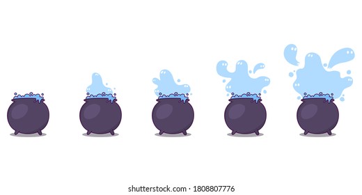 Vector cartoon illustration. Witches pot ready to animation, step by step. Animation pot. Sprite pot the potion and ghosts.