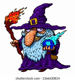 Vector cartoon  illustration. Wizard magic old man with magic stick  fairy tale character