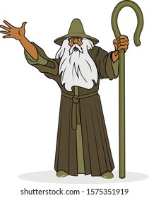 Vector Cartoon Illustration Of A Wizard With A Shepherd Hook In His Left Hand