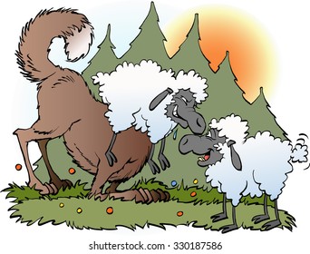 Vector cartoon illustration of a wolf disguised in a sheeps suit