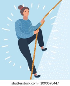 Vector cartoon illustration of wom climb to success. Resistant female move to the top hill with a rope.