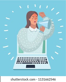 Vector cartoon illustration of woman appears from laptop computer with a megaphone.