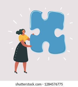 Vector cartoon illustration of woman with big puzzle on white. Human character on isolated bakcground.