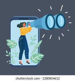 Vector cartoon illustration of woman with Binoculars. Spy and data collection, research. Character look out display smartphone. Human female character on dark bakcground.