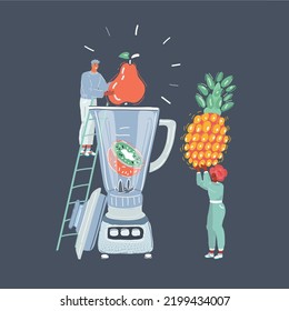 Vector cartoon illustration of Woman blending make a healthy green smoothie
