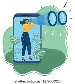 Vector cartoon illustration of woman carefully looks through binoculars into the distance. Data collection, research concept. Character look out the smartphone display.