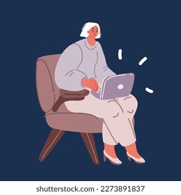 Vector cartoon illustration of woman in casual wear working online, sitting in armchair and using laptop over dark background