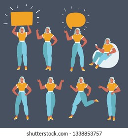 Vector cartoon illustration of woman character in different poses set. Woman on beanbag chair, run, banner, speech bubble, standing character on dark background.