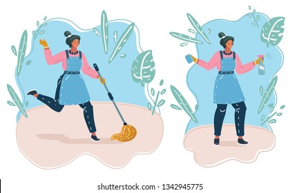 Vector cartoon illustration of woman character. Clean with mop and cleaning spray. Female character try to house cleaning.