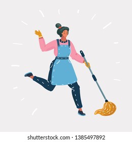 Vector cartoon illustration of woman cleaning floor with mop wet broom. Inspired girl doing household work. Human on white background.