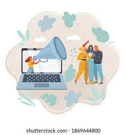 Vector cartoon illustration of woman come out from screen laptop holding large loudspeaker to attract followers for blog. Social media marketing strategy getting more people. Involvement of audience