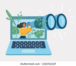 Vector cartoon illustration of woman control internet safety. Tiny character on laptop screen with big binocular on white isolated background.