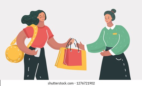 Vector cartoon illustration of woman doing shopping hold purchases. Concept of paying and getting goods on white. Smiling woman carrying packages and boxes with items and products.