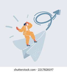 Vector cartoon illustration of woman flying on paper plane and sending message. Concept of email marketing, newsletter, news, offers, promotions subscription. Follow us on social media concept.
