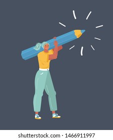 Vector cartoon illustration of woman with a giant pencil on his shoulder. Human character on dark. Writer, bloggers, journalists, interviewer, screenwriter, copywriter, author, draftsman.