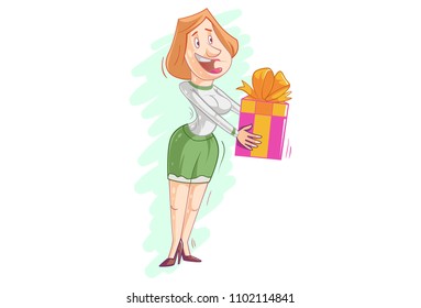 Vector cartoon illustration of a woman giving gift box.