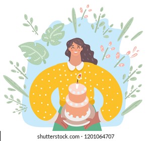 Vector cartoon illustration of woman is going to eat a huge celebration cake.