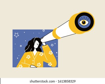 Vector  cartoon illustration of woman hold giant big binocular or telescope, spyglass on white background. Flat character