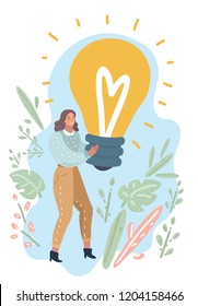 Vector cartoon illustration of Woman holding big giant light bulb banner looking happy excited. Woman having an idea or solution. Human modern characters.