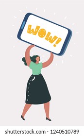 Vector cartoon illustration of Woman holding big Cell Smart Phone on White Background.