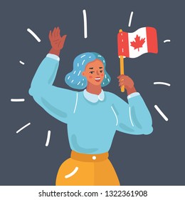 Vector cartoon illustration of woman holding Canadian flag celebration. Human character on dark background.