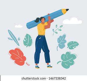 Vector cartoon illustration of Woman is holding pencil. Character isolated on white background. Writer, bloggers, journalists, interviewer, screenwriter, copywriter, author, draftsman.