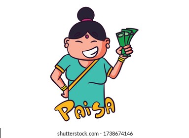 Vector cartoon illustration of woman holding money in hand. Paisa Hindi text translation - money.  Isolated on white background.