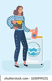 Vector cartoon illustration of woman housewife washes clothes in the washing machine. Female characters in white isolated background.