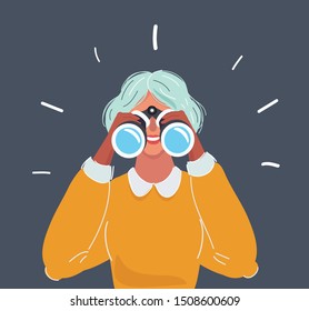 Vector cartoon illustration of woman with huge binoculars. Watching, researching, looking concept.