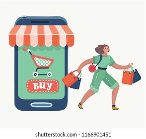 Vector cartoon illustration of Woman just doing online shopping using smartphone. Go with bags Famle charcter on white background.