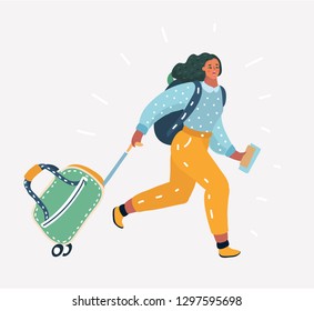 Vector cartoon illustration of Woman is late for airplane and run to terminal with baggage.