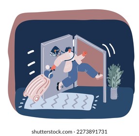 Vector cartoon illustration of woman leaves office, girl run away. Brick wall, open door and board- exit. Woman employee, end of working day. Weekend time. 