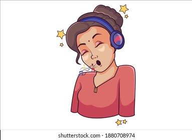 Vector cartoon illustration. Woman is listening to music with headphones and singing songs. Isolated on white background.