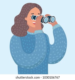 Vector cartoon illustration of woman looking through binoculars. Person looking through a spyglass. Female characters in white isolated background.