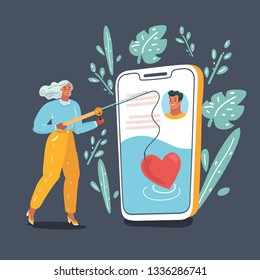 Vector cartoon illustration woman looking for love in social networks, date app. Girl with rod and heart. Human character on dark background.