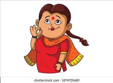 Vector cartoon illustration. Woman is looking up side and giving an okay sign. Isolated on white background.