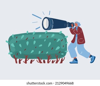 Vector cartoon illustration of Woman looks throughspyglass in the bush on park landscape.