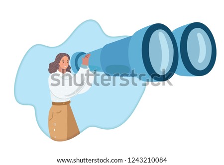 Vector cartoon illustration of Woman looks through big giant binocular. Looking and researching concept. Humna chararcthe on white bakcground.