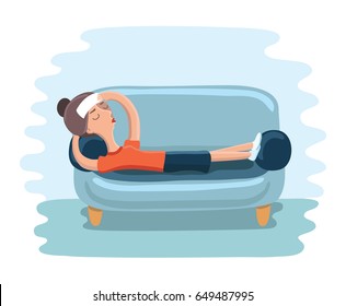 Vector cartoon illustration of woman lying on sofa with sickness. Sick female resting or laid up on couch. Illness or disease. Girl suffering headache