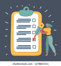 Vector cartoon illustration of woman make mark on checklist. A big long list of business planning. Human character on dark background.